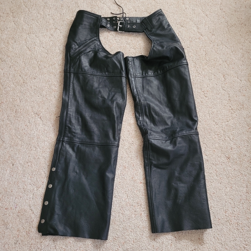 Redline Black Leather Motorcycle Chaps with Red Accent Logo